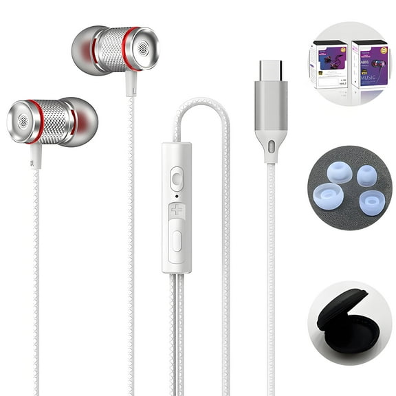 GJX Metal USB C Earbuds with Immersive Bass, Wired Earbuds with Microphone for Gaming & Daily Use, White