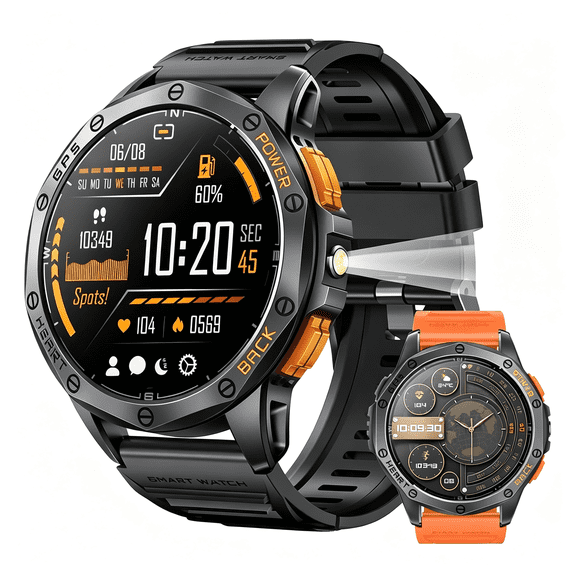 GJX Military Smart Watches Built-In Gps 170+ Sport Modes Men Flashlight Smartwatch Android Phones Iphone 1.43" Amoled Screen Bluetooth Call Altimeter Black Orange 2 Bands