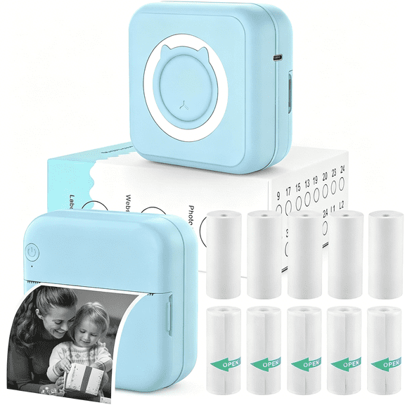 GJX Mini Bluetooth Printer,Wireless Sticker Printer with 10 Rolls Paper for Iphone/Android