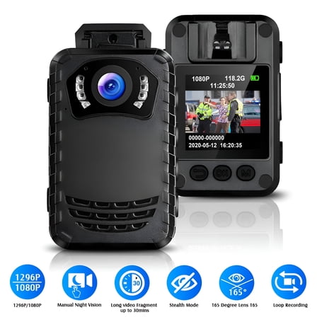 GJX Mini Body Camera Video Recorder, Fhd 1296P Wearable Police Body Cam, 23 Hours Long Time Battery Body Mounted Camera with Ir Night Vision for Law Enforcement, Security Guard, Home