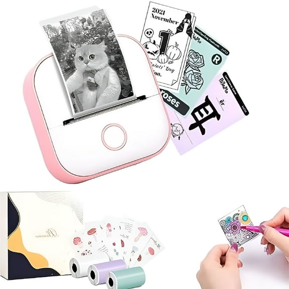 GJX Mini Printer, Pocket Mini Printer, Mini Pocket Sticker Printer, Inkless Sticker Printer for DIY Scrapbook, Fast Printing Portable Mini Thermal Printer (Pink Gift Box)
