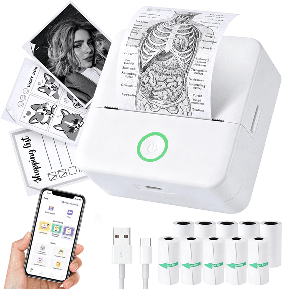 GJX Mini Printer,Sticker Maker with 10 Rolls Thermal Printing Paper,Inkless Pocket Printpod for Phone,Impresora Porttil for Notes,Diy,Compatible with Ios&Android(White)