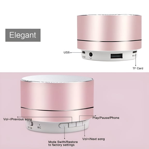 GJX Mini Wireless Speaker, Portable Bluetooth Audio with HD Sound, 4H Playtime, Built-In Mic, TF Card & FM Radio, LED Light, Compact Metal Design for Travel Home, Pink