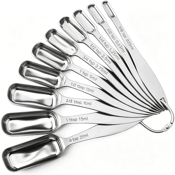 GJX Narrow Measuring Spoons Set of 10, Heavy-Duty Stainless Steel Measuring Spoons with Long Handles & Engraved Measurements, Fits in Spice Jars, for Baking & Cooking