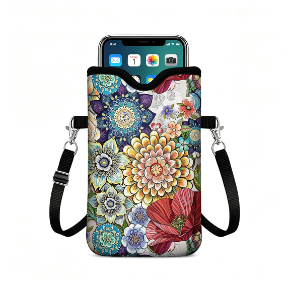 GJX Neoprene Cell Phone Sleeve Pouch Case Bag with Crossbody Strap Neck Lanyard for Women Men 7.6X4.3 Inches-Boho Floral Shockproof Universal Phone Bag Protective Cell Phone Pouch
