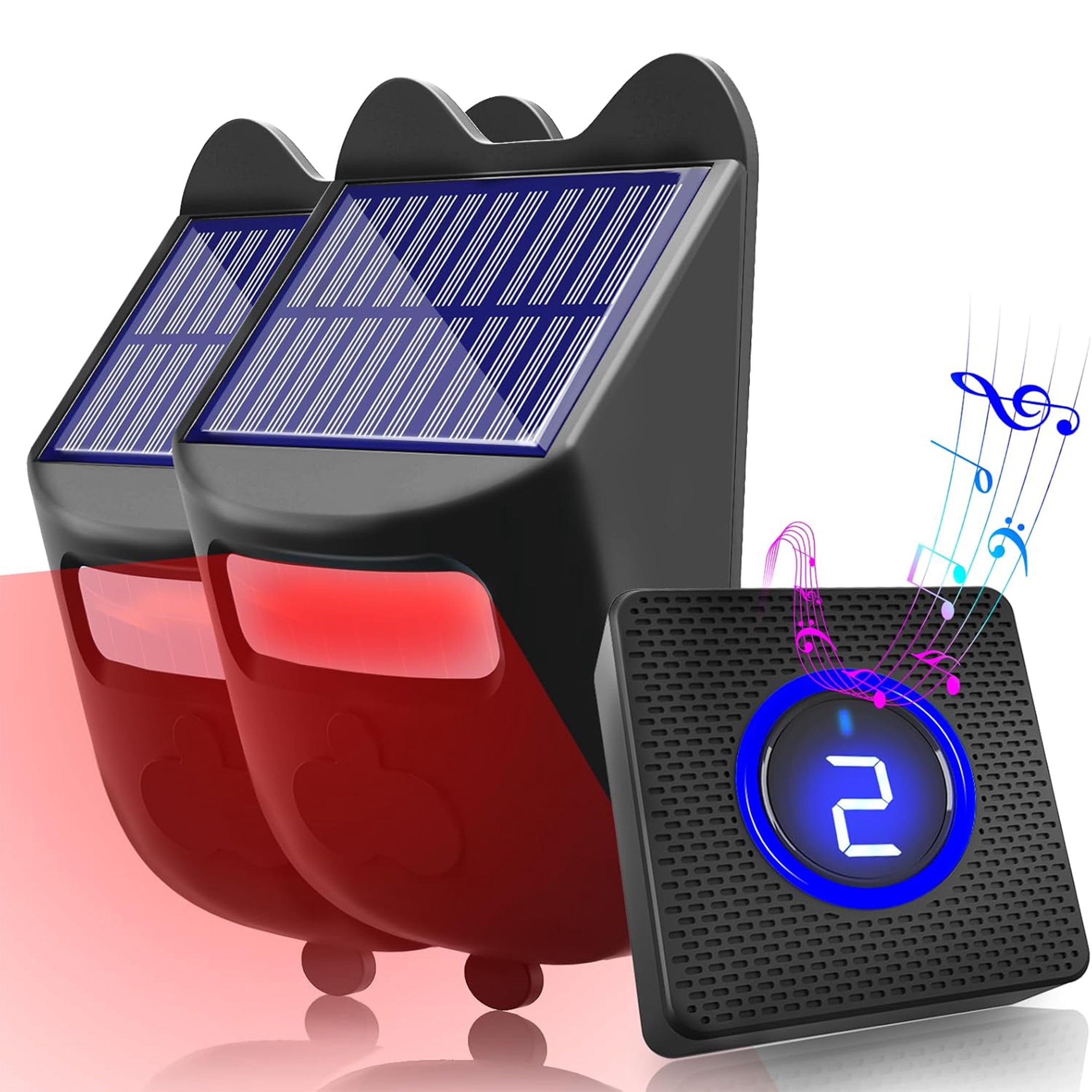 GJX Outdoor Waterproof Solar Driveway Alarm,984 Ft Long Range Wireless Driveway Alarm,Garage Intruder Pir Motion Sensor Alarm,Alarm System with 1 Receiver and 2 Sensor