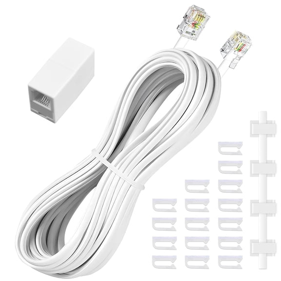 GJX Phone Extension Cord 25 Ft, Telephone Cable with Standard RJ11 Plug and 1 in-Line Couplers and 20 Cable Clip Holders, White