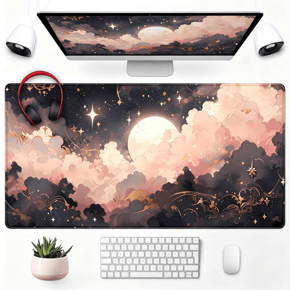 GJX Pink Black Clouds Desk Mat Xxl Large Extended Gaming Mouse Pad Celestial Mousepad with Stitched Edges,Office Desktop Decor Desk Pad Computer Mat,Laptop Keyboard and Mouse Mat,31.5X15.75 in