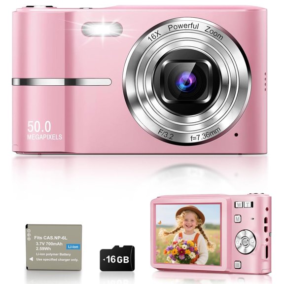 GJX Pink Digital Camera ,50Mp Fhd 1080P Portable Point and Shoot Camera ,Small Digital Camera with 16X Digital Zoom ,Anti-Shake Vlogging Device for Daily Life ,Travel ,Kids ,And Beginners
