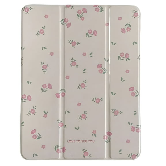 GJX Pink Floral iPad Case with Pen Holder, Transparent Protective Cover for iPad Air, Pro & 9th Gen, 3-Fold Stand for School Office, Slim Tablet Shell with Camera & Port Access
