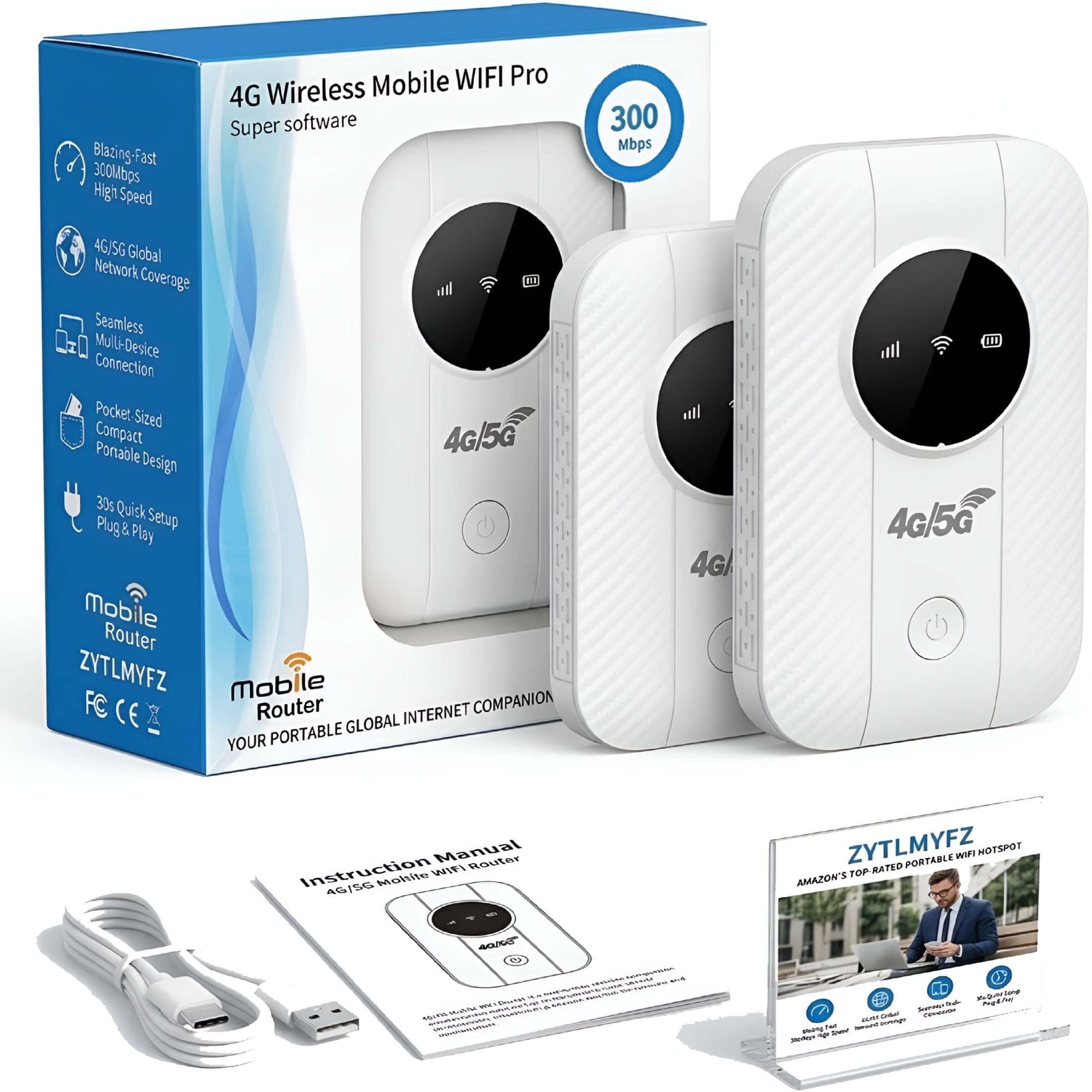 GJX Pocket WiFi Satellite Internet Router Mobile Hotspot for International Travel up to 10 Devices (White 2pcs)
