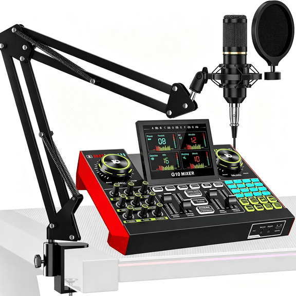 GJX Podcast Microphone Bundle with Live Sound Card Audio Mixer,Podcast Equipment Bundle with 3.5Mm Boom Mic for Pc/Phone Live Streaming Singing Gaming,Sound Board with Voice Changer,Denoise