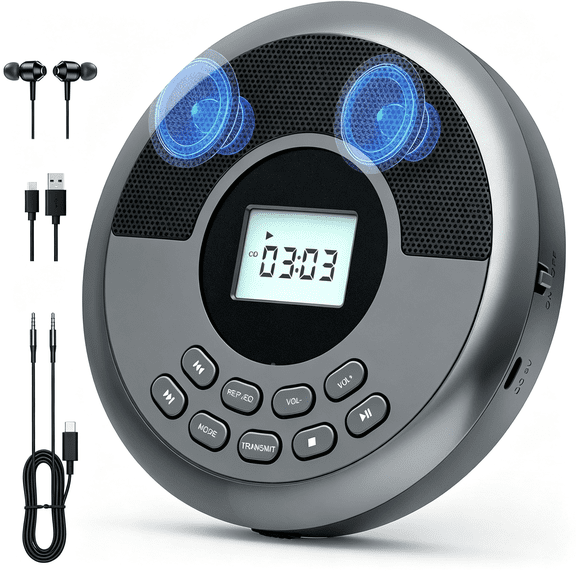 GJX Portable Cd Player Bluetooth with Speakers & Headphones Rechargeable Discman,Anti-Skip,Cd/Mp3/Usb,Bluetooth Transmit/Aux Car Connection/Personal/Travel/Music/Audiobooks