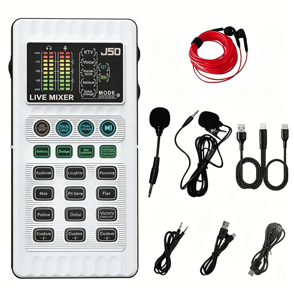 GJX Portable Live Sound Card with Noise Reduction, 5 Voice Changers & 12 Sound Effects - One-Cclick Plug & Play Audio Mixer for Live Streaming, Karaoke & Recording