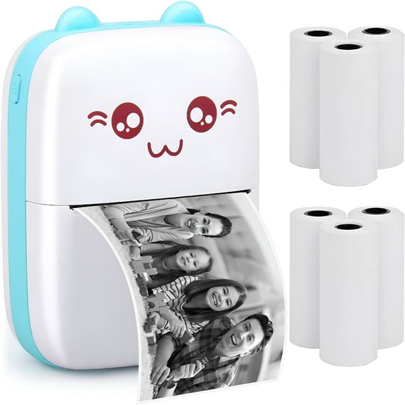 GJX Portable Mini Photo Printer, with 6 Rolls Thermal Paper, Blue