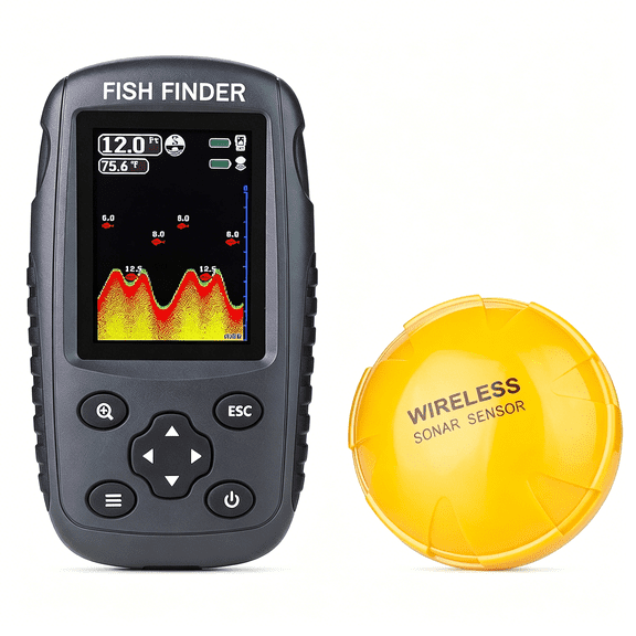 GJX Portable Rechargeable Fish Finder Wireless Sonar Sensor Fishfinder Depth Locator with Fish Size, Bottom Contour, Color LCD Display