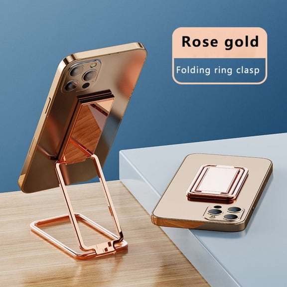 GJX Portable Universal Magnetic Cell Phone Ring Holder, Double-Folding 360 Rotation Ring Grip Stand for Smartphones and Tablets,Rose Gold