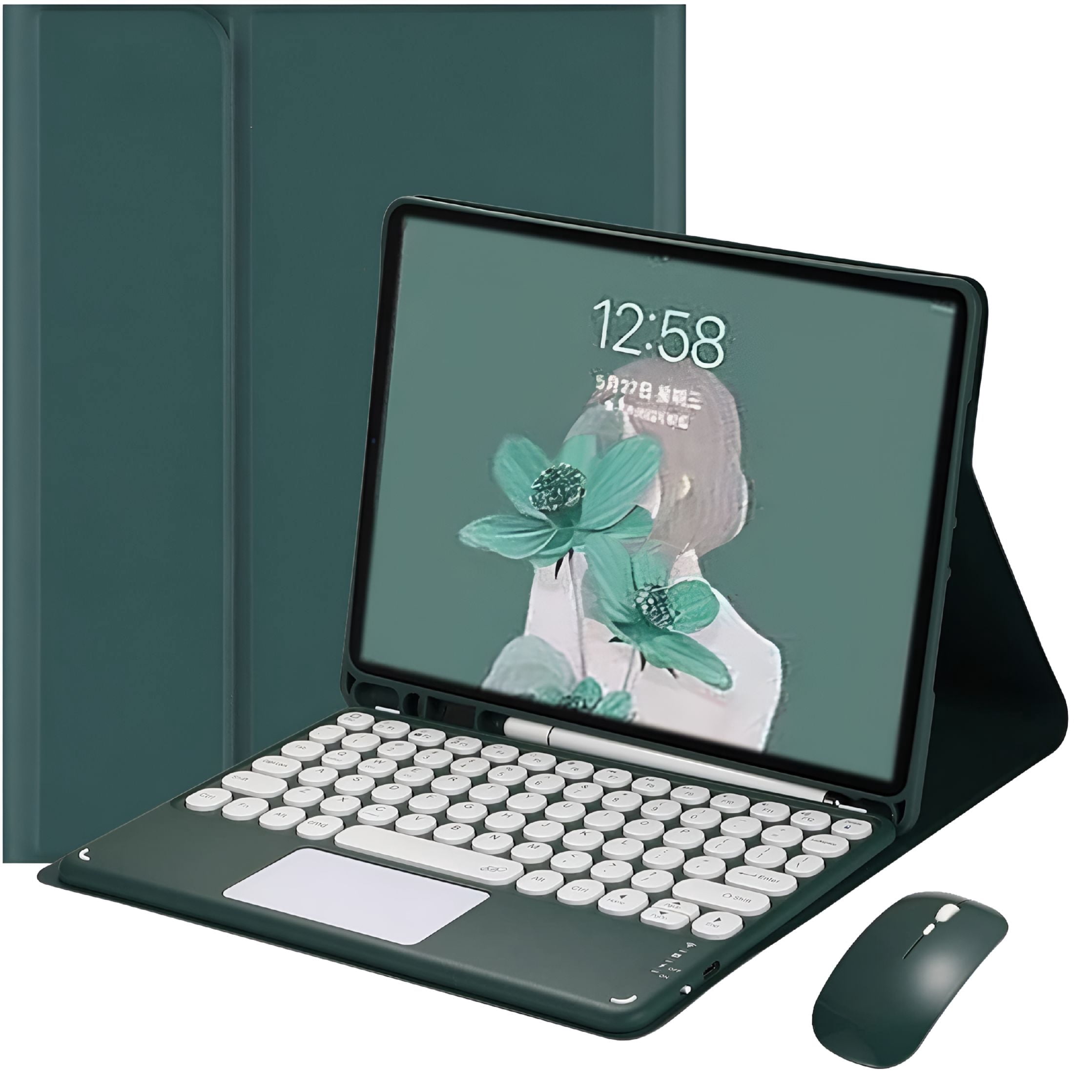 GJX Pro 12.9 Touch Keyboard Case with Bluetooth Mouse, Round Key Color Keyboard, Detachable Trackpad Keyboard Cover