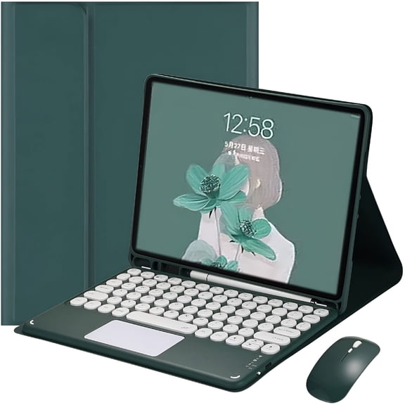 GJX Pro 12.9 Touch Keyboard Case with Bluetooth Mouse, Round Key Color Keyboard, Detachable Trackpad Keyboard Cover