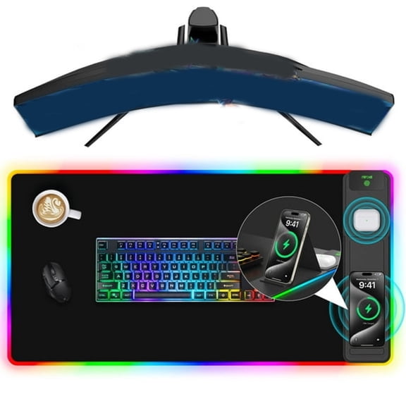 GJX RGB Gaming Mouse Pad with Wireless Charging, LED Desk Mousepad with Phone Holder, 15W Fast Charging Computer Keyboard Mat for Home, Office