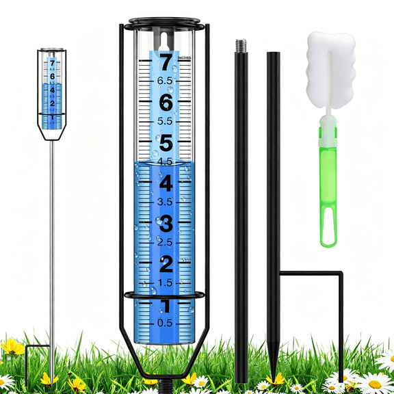 GJX Rain Gauge 7" Freeze-Proof Plastic Large Clear Numbers and Adjustable Height Rain Measuring Tool for Garden Yard Outdoor Weather Monitoring Easy Read