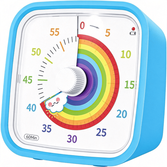 GJX Rainbow Visual Timer for Kids,60-Min Countdown Timer,Blue|Protective Case,No Ticking,Mute and Ringing Alarm Available,Time Management Tool,Low Power Reminder,For Study,Game,Work