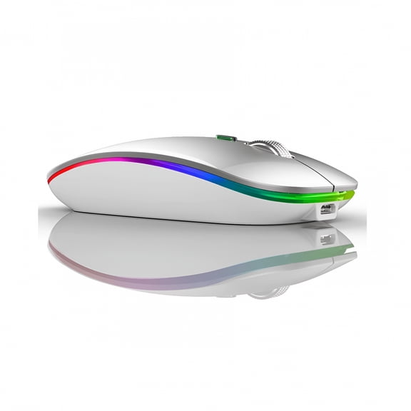 GJX Rechargeable Optical Wireless Mouse with RGB LED Lights, Bluetooth 5.2 and 2.4GHz Dual Mode, Silent Click Slim Portable Mouse for Laptop Desktop PC Mac Tablet, Silver
