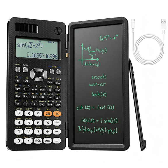 GJX Rechargeable Scientific Calculators 991Es Max,417 Functions,Writing Pad,Foldable Hard Case,4-Line Written Display Advanced Calculators for Students School Engineering,Dual Power,Black