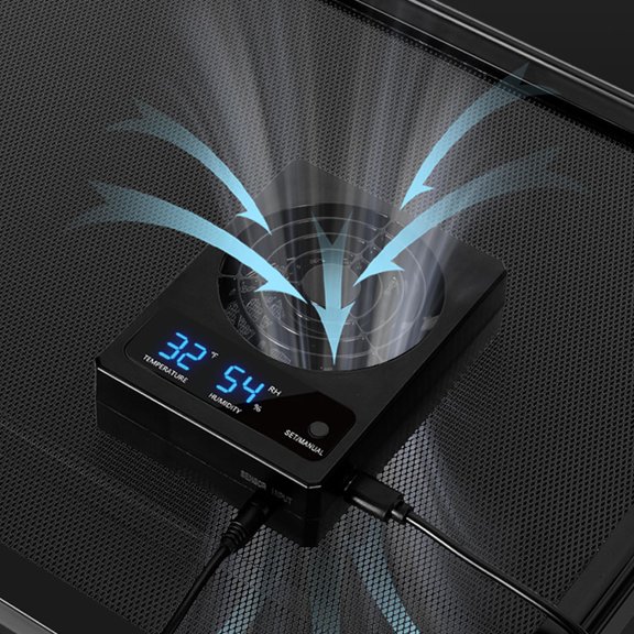 GJX Reptile Terrarium Thermometer Hygrometer with Dehumidifier Ventilation Fan for Pet Rearing Box Reptile Tank Led Digital Thermometer and Humidity Gauge for Snake Bearded Dragon Gecko