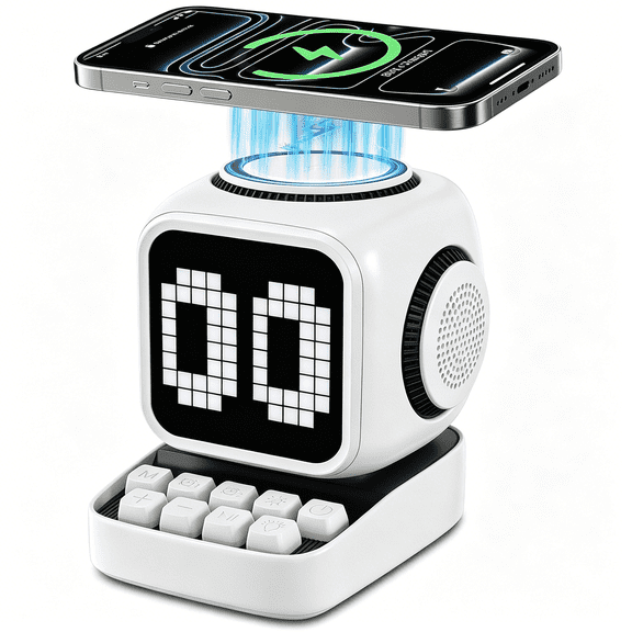 GJX Retro Robot 5-in-1 Bluetooth Speaker: 15W Wireless Charger, Pixel LED Screen, 10W Stereo Sound & 15 White Noise, Alarm Clock, Cute Portable Wireless Speaker for Bedroom Desk Office