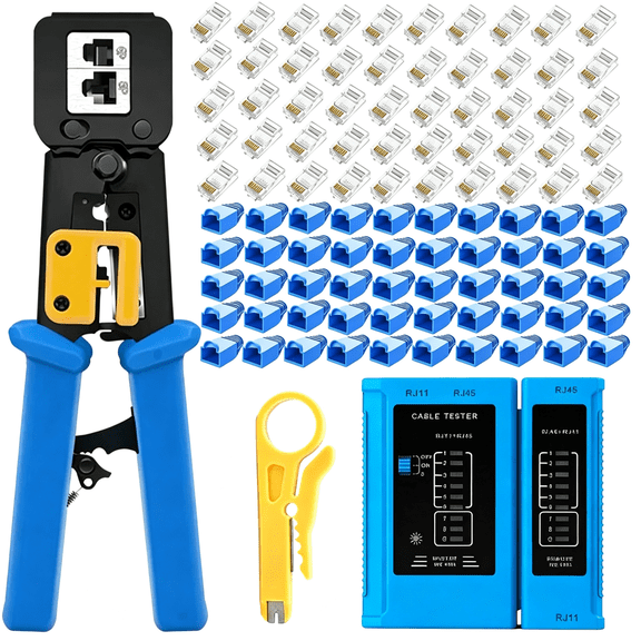 GJX Rj45 Crimping Tool for Cat6 Cat5E Cat5,Sturdy Crimper for Rj45 Rj12/11 Pass-Through Connectors with 50Pcs Rj45 Cat5E Pass-Through Connectors,50Pcs Covers,Wire Stripper; Network Cable Tester