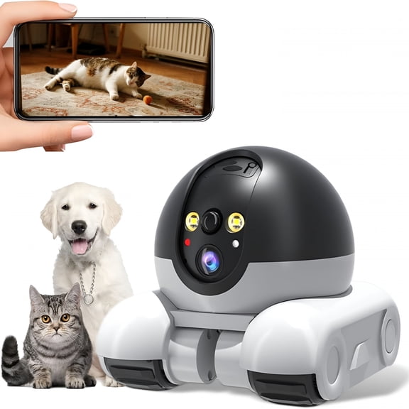 GJX Robot Camera On Wheels, 2MP Double Lens Moving Pet Camera, 2 Way Talk 1080P WiFi Small Robot Cam for Cats Dogs