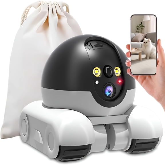 GJX Robot Security Camera on Wheels, 1080P Dual Lens Movable Pet Cam with 2-Way Talk, Night Vision, 5200mAh Battery, App Control for Indoor Home Monitoring
