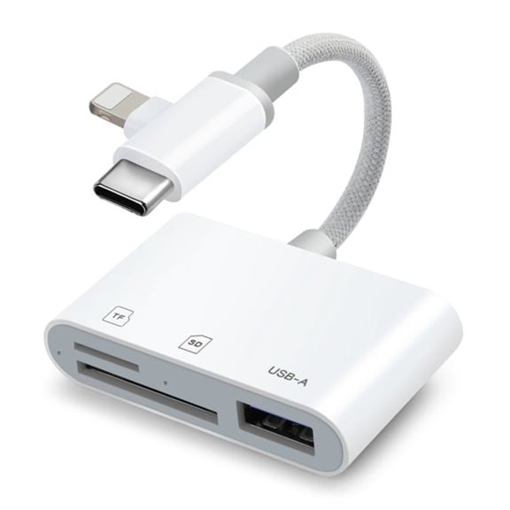 GJX SD Card Reader for iPhone , USB C Dual Connectors Memory Card Reader with USB Camera Adapter, SD/TF Card Read, Trail Game Camera Viewer, Plug & Play, White