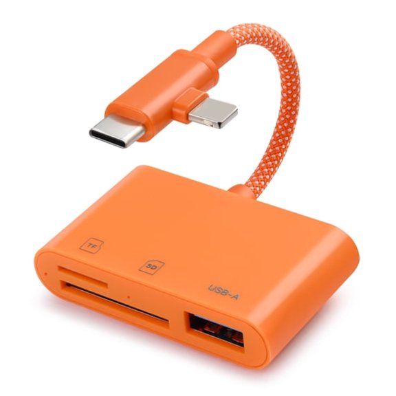 GJX SD Card Reader for iPhone iPad, Lightning & USB C Dual Connectors Memory Card Reader with USB Camera Adapter, SD/TF Card Simultaneous Read, Trail Game Camera Viewer, Plug & Play, Orange