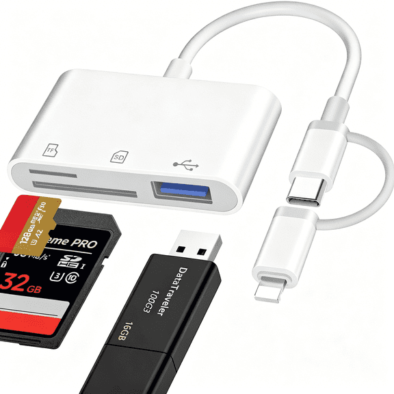 GJX SD Card Reader for iPhone iPad Mac, Lightning & USB-C Dual Interface Memory Card Reader with SD/Micro SD/USB-A 3 Slots, Digital Camera Adapter to iPhone, Plug & Play