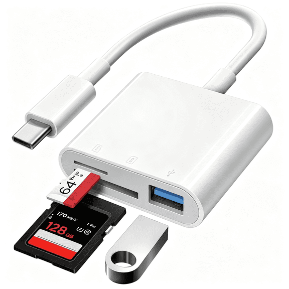 GJX Sd Card Reader Compatible with Iphone/Ipad,Trail Camera Viewer,3-In-1 Sd Adapter with Dual Slots&Usb Port,Memory Card Adapter Dual-Connector Design with Usb-C for Photographers,Plug&Play