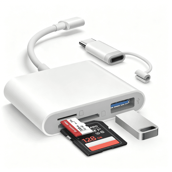 GJX Sd Card Reader for Iphone Built-In Lightening & Usb-C Dual Connectors Card Adapter with Sd Microsd Usb-A 3 Slots Trail Camera Memory Card Viewer, Portable No App Required Plug and Play