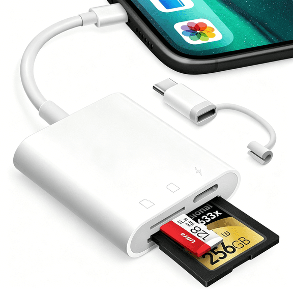 GJX Sd Card Reader for Iphone Ipad,Digital Trail Camera Sd Card Viewer with Dual Slot for Microsd/Sd,Lightening & Usb-C Dual-Connector Memory Card Adapter for Photography,Plug and Play