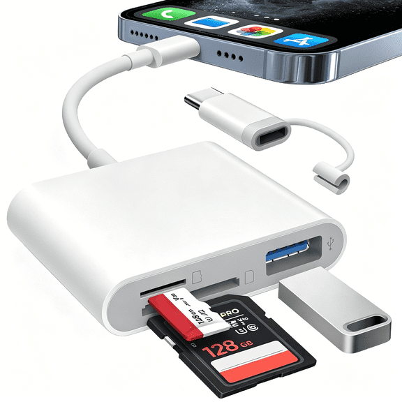 GJX Sd Card Reader for Iphone Ipad with Lightening & Usb-C Dual Connectors, Sd/Microsd/Usb-A 3 Slots, Trail Camera Memory Card Viewer, No App Required Plug and Play