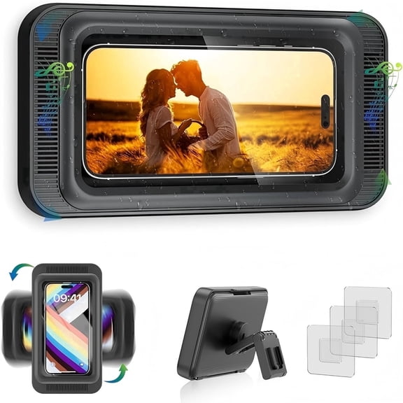 GJX Shower Phone Holder Waterproof with Speaker Hole Shower Phone Stand Case Mount for Bathroom Bathtub Kitchen Wall Mirror for iPhone16 15 14 13 12 11 Pro XS XR Max(Black)