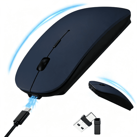 GJX Slim Bluetooth Wireless Mouse with Jiggler - Blue | Rechargeable Portable Mouse, Bt5.2 & 2.4G, Usb-C/Usb-A Receiver, Adjustable Dpi for Macbook, Ipad, Laptop & Pc