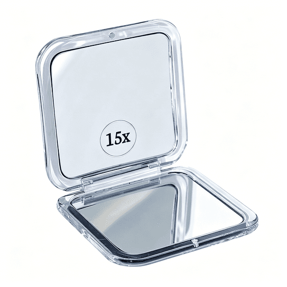 GJX Small Compact 15X Magnifying Mirror for Travel - Handheld, Foldable & Lightweight - Mini Pocket-Sized Magnified Mirror for Purse - Square 3.3 X 3.3