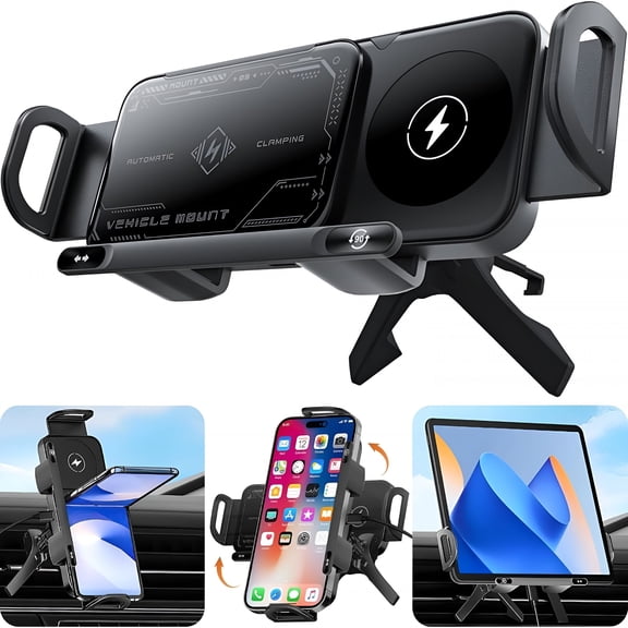 GJX Smart 2-In-1 Auto-Rotating Car Phone Holder&Wireless Charger-Foldable Mount with Fast Charging-Compatible with Iphone&Samsung Devices
