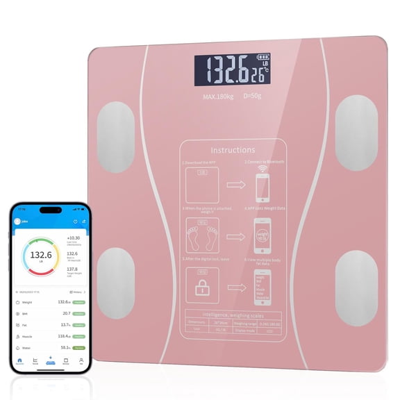 GJX Smart Body Fat Scale with Led Display - Digital Bathroom Scale with Bluetooth,Accurate Body Composition Measurement,Muscle Mass,Bmi,And Body Water Analysis (Pink)