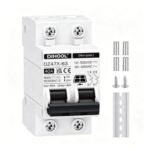 GJX Solar Disconnect Switch, 40 Amp 2 Pole, Din Rail Mount, Non Polarized, 12V 24V 48V 400V, Ac/Dc Circuit Breaker, Rv Battery Isolator, Pv Array Mcb, Thermal Magnetic Trip