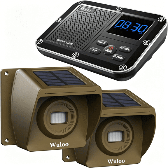 GJX Solar Driveway Alarm Wireless Outside 1800ft Range, Outdoor Motion Sensor & Detector Driveway Alert System with Rechargeable Battery/Weatherproof/Mute Mode