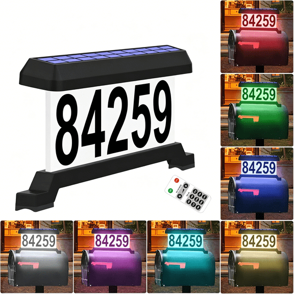 GJX Solar Mailbox Numbers, Double Sided Solar House Numbers for Outside, Waterproof Rgbw Color Changing Remote Control, Lighted Modern Address Sign Solar Powered for Mailbox(Solar Rgbw)