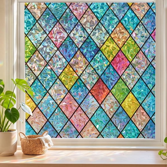 GJX Stained Glass Window Film Rainbow Lattice Stickers 17.5"X78.7" Static Cling 3D Decorative Window Cling Colorful Uv Sun Blocking Heat Control Non Adhesive Front Door Bathroom Decor