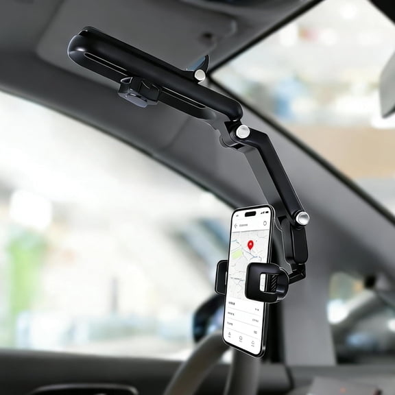 GJX Sun Visor Phone Holder, 360 Rotatable and Extendable Car Phone Holder, Multifunction Rear View Mirror Mobile Mount Hands-Free, Compatible with Most Smartphones (Grey)